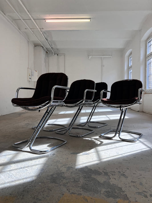 Freischwinger Chrom mit braunem Sitzkissen von Gastone Rinaldi für Rima