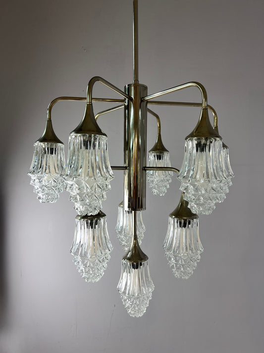 10-flammiger Kronleuchter Glas Chrom von Richard Essig