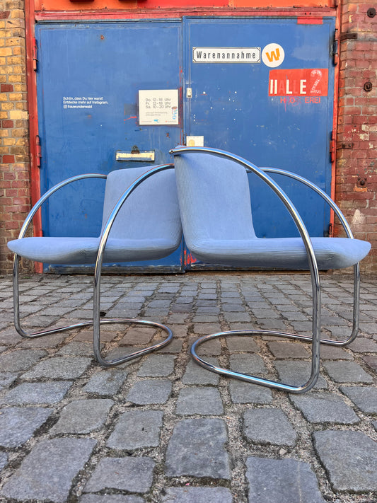 Freischwinger „Lens“ hellblau Cord & Chrom von Giovanni Offredi für Saporiti Italia