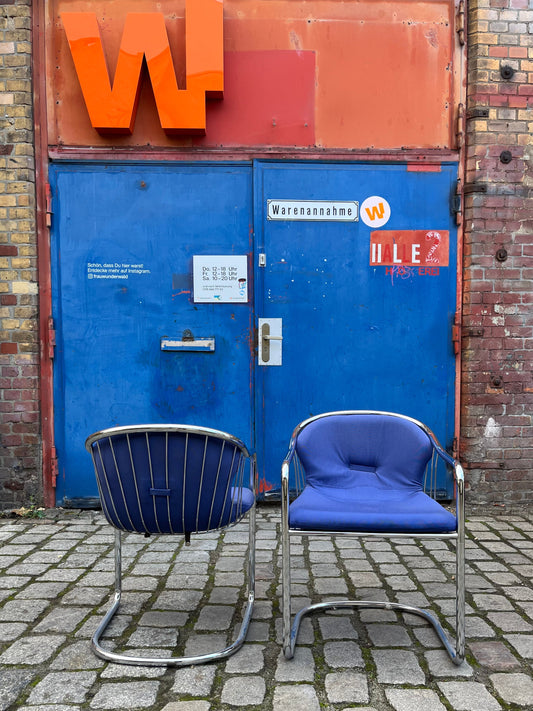 Set: 2x Freischwinger Chrom blau von Gastone Rinaldi für Alma