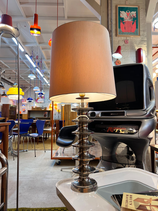 Space Age Tischlampe Metall mit Schirm aus Rohseide