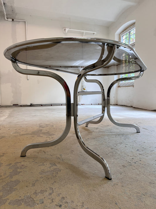 Ovaler Esstisch Chrom & Rauchglas von Gastone Rinaldi für Rima