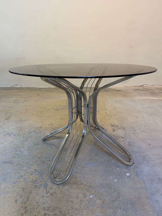 Runder Esstisch Chrom Rauchglas von Gastone Rinaldi für Rima
