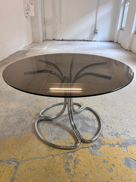 Runder Esstisch Rauchglas & Chrom von Gastone Rinaldi für Rima