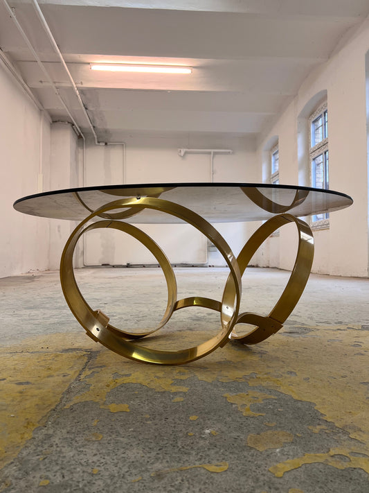 Runder Hesterberg Couchtisch mit Kreisgestell Messing Rauchglas