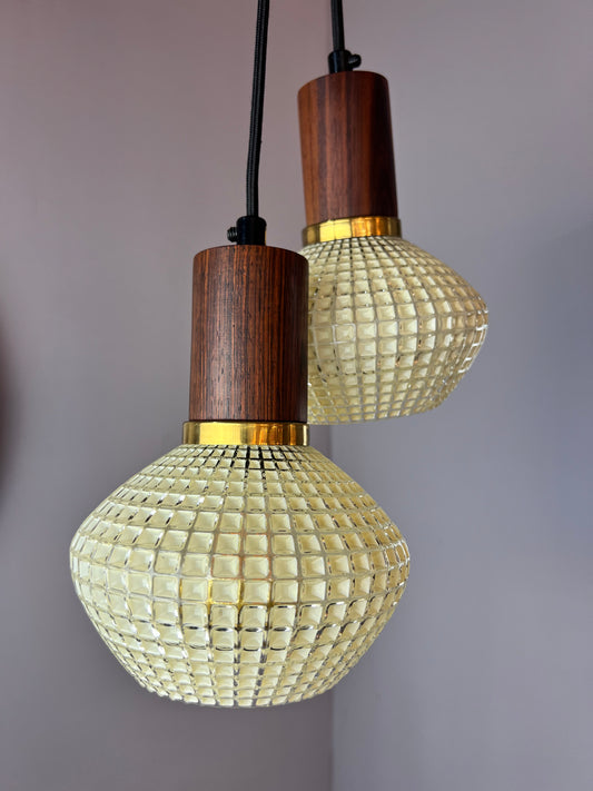 Hängelampe Strukturglas & Teak aus Dänemark