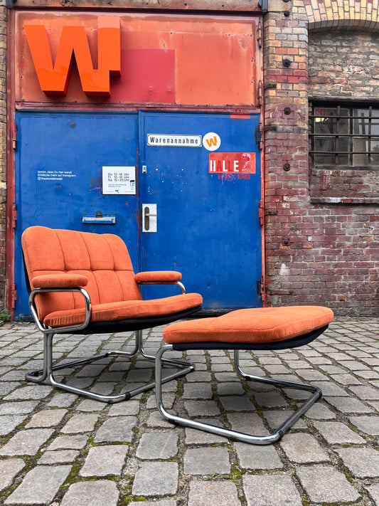 Sessel orange Cord Chrom mit Ottomane von pol international