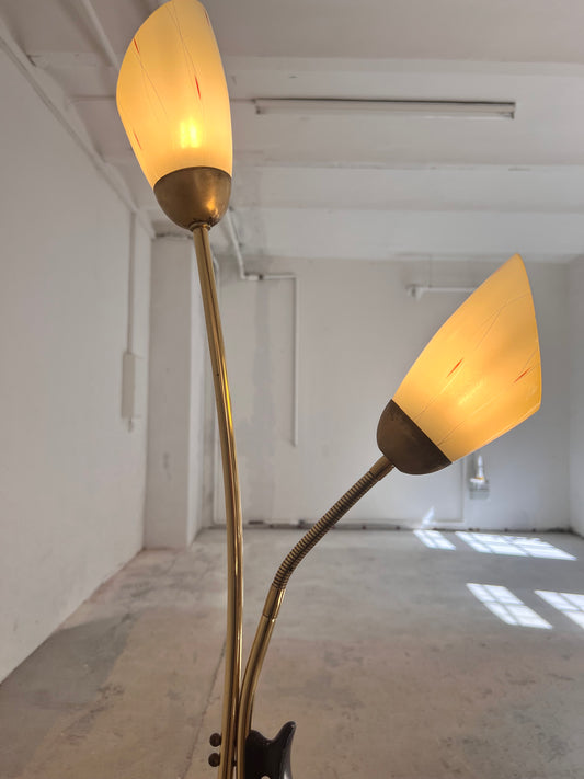 Stehlampe mit zwei Schwanenhalsarmen Messing