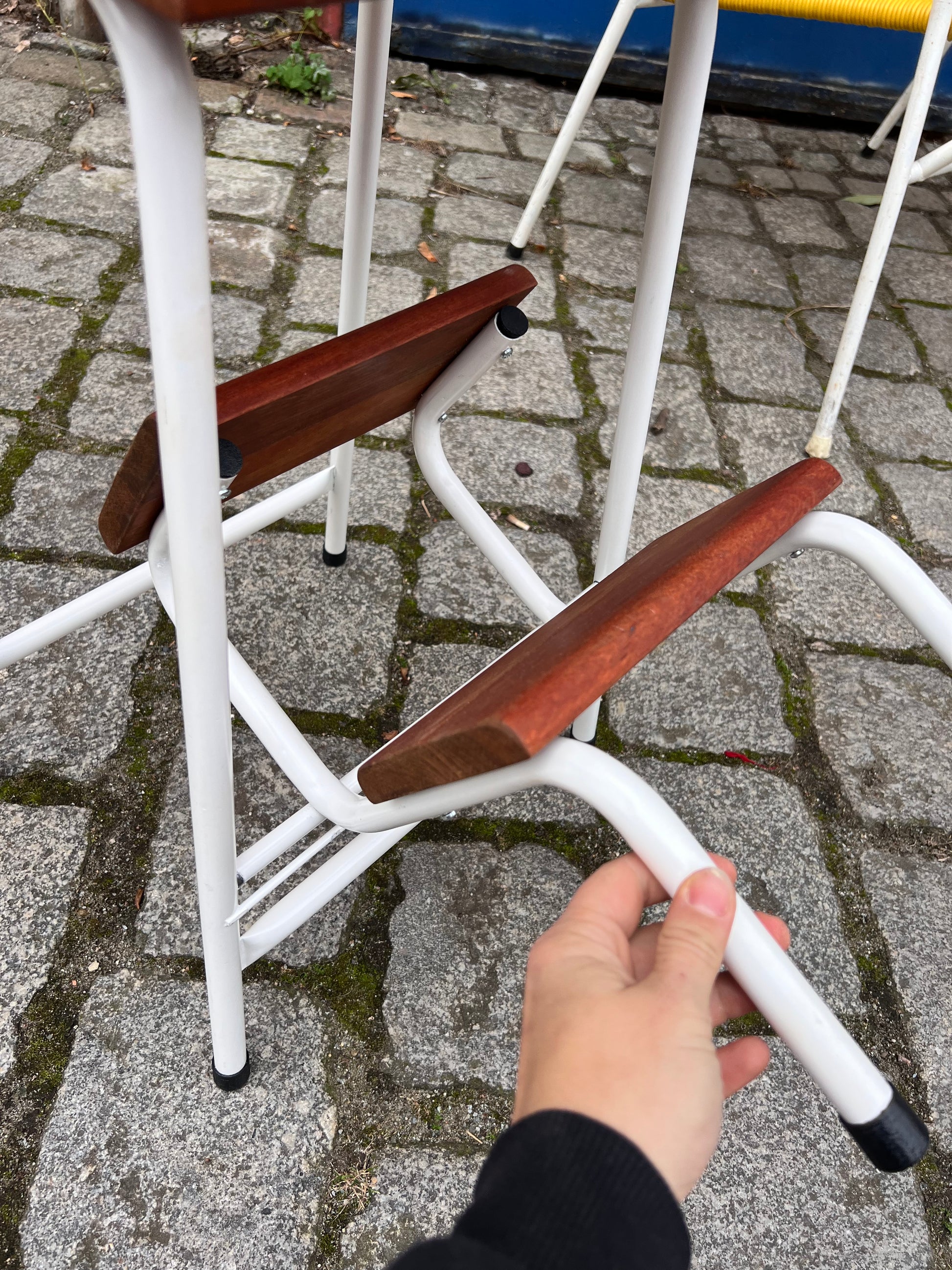 Tritthocker weiß Teak mit Klappleiter