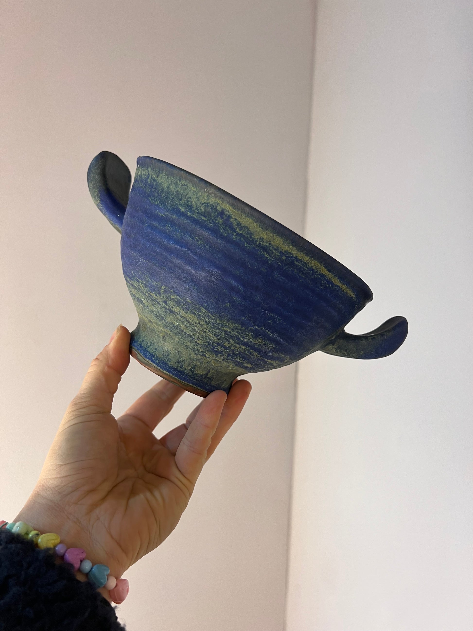 Set: Vase, Kerzenständer & Schale blau von Majolika Keramik Manufaktur