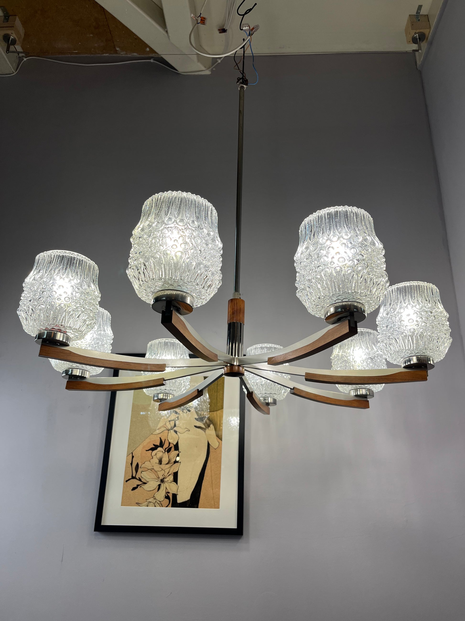 Kronleuchter Teak Metall Bubbleglas