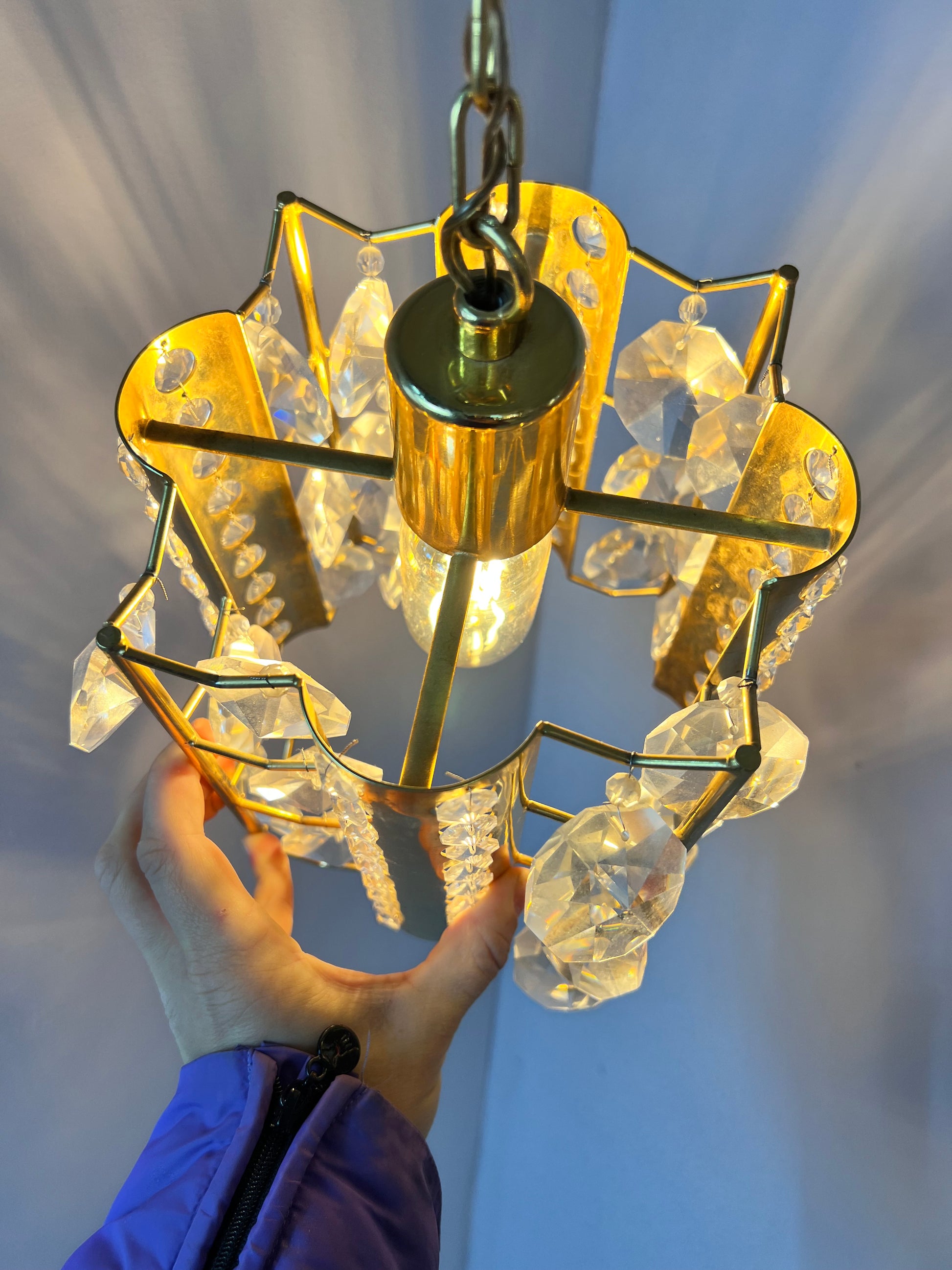 Hängelampe Messing Kristalle von Palwa