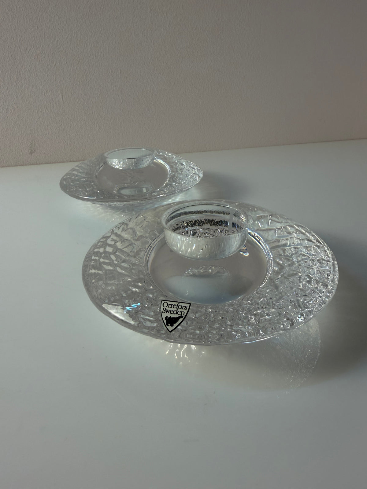 Set: 2x Diskus Kerzenhalter Kristallglas von Lars Hellsten für Orrefors