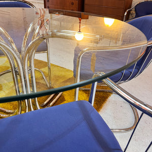 Set: 4x Freischwinger Chrom blau und runder Glastisch von Gastone Rinaldi für Alma