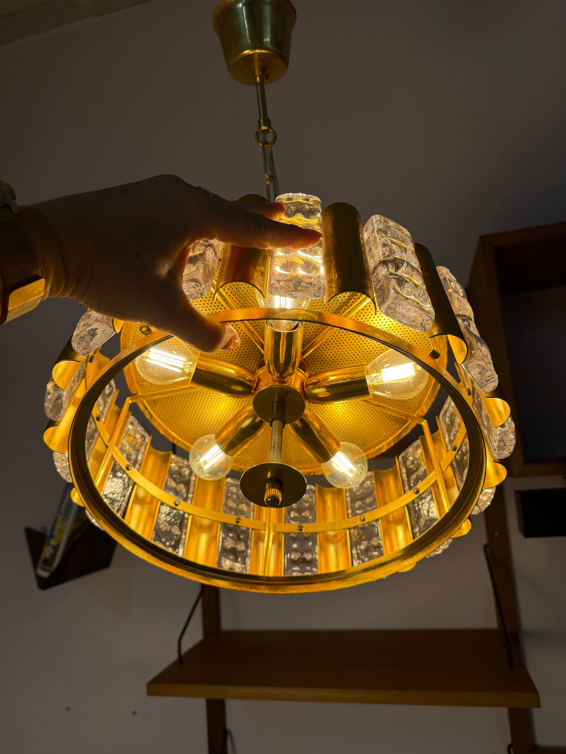 Hängelampe Messing Glas von Carl Fagerlund für Orrefors
