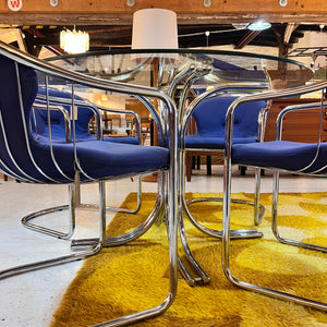 Set: 4x Freischwinger Chrom blau und runder Glastisch von Gastone Rinaldi für Alma