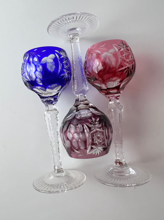 Set: 3x Römer Likörglas blau pink Kristallglas