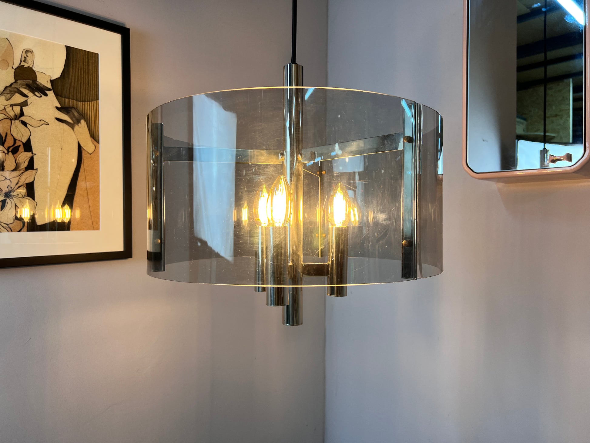 Hängelampe Chrom & Rauchacryl