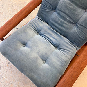 Sessel Loungechair blauer Samt und Teak