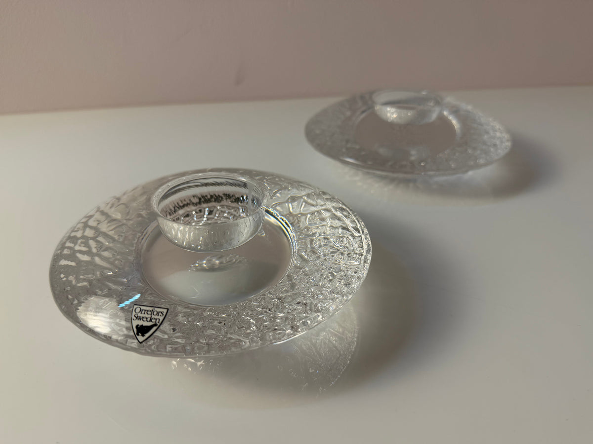 Set: 2x Diskus Kerzenhalter Kristallglas von Lars Hellsten für Orrefors