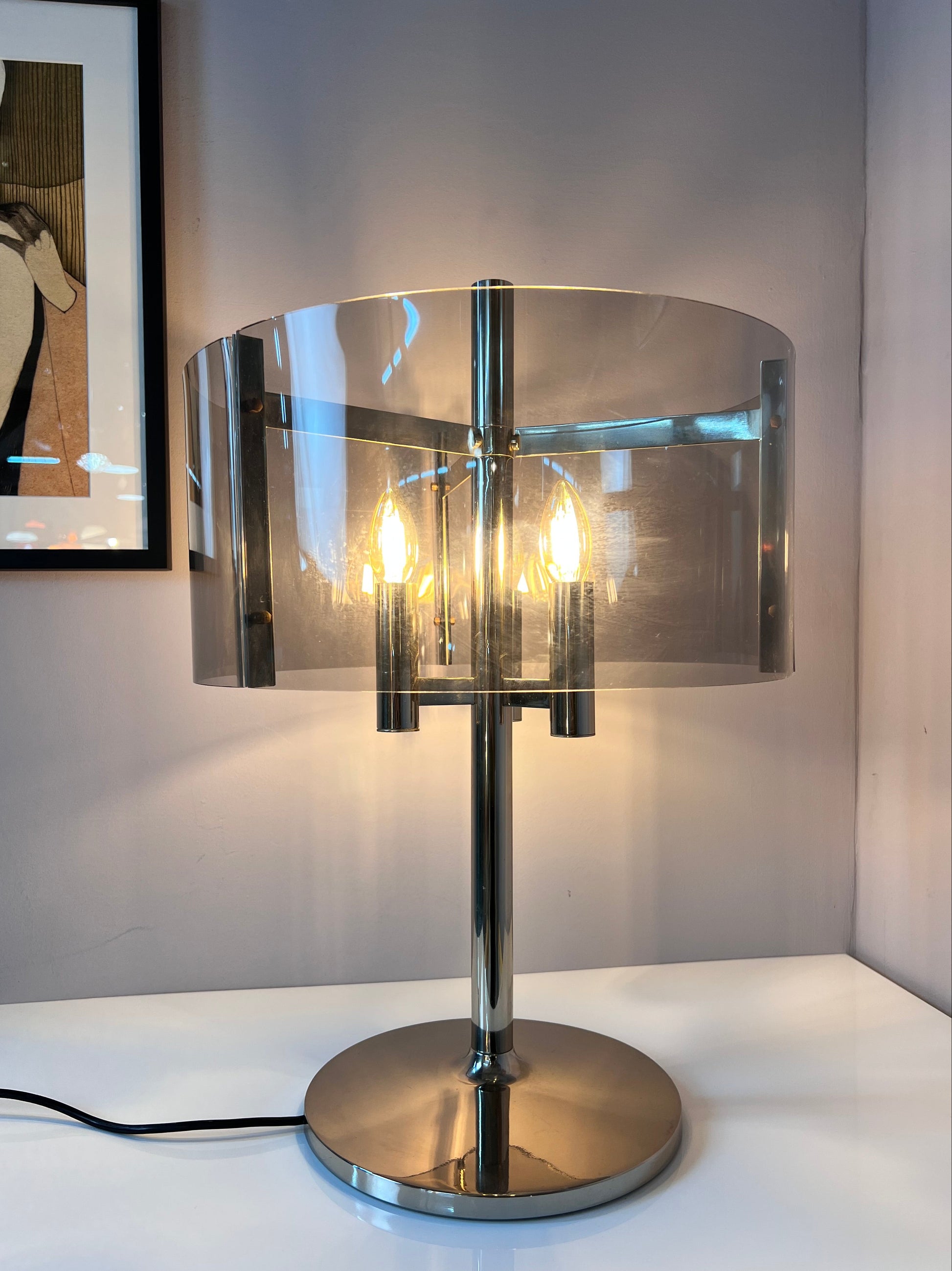 Tischlampe Chrom & Rauchacryl