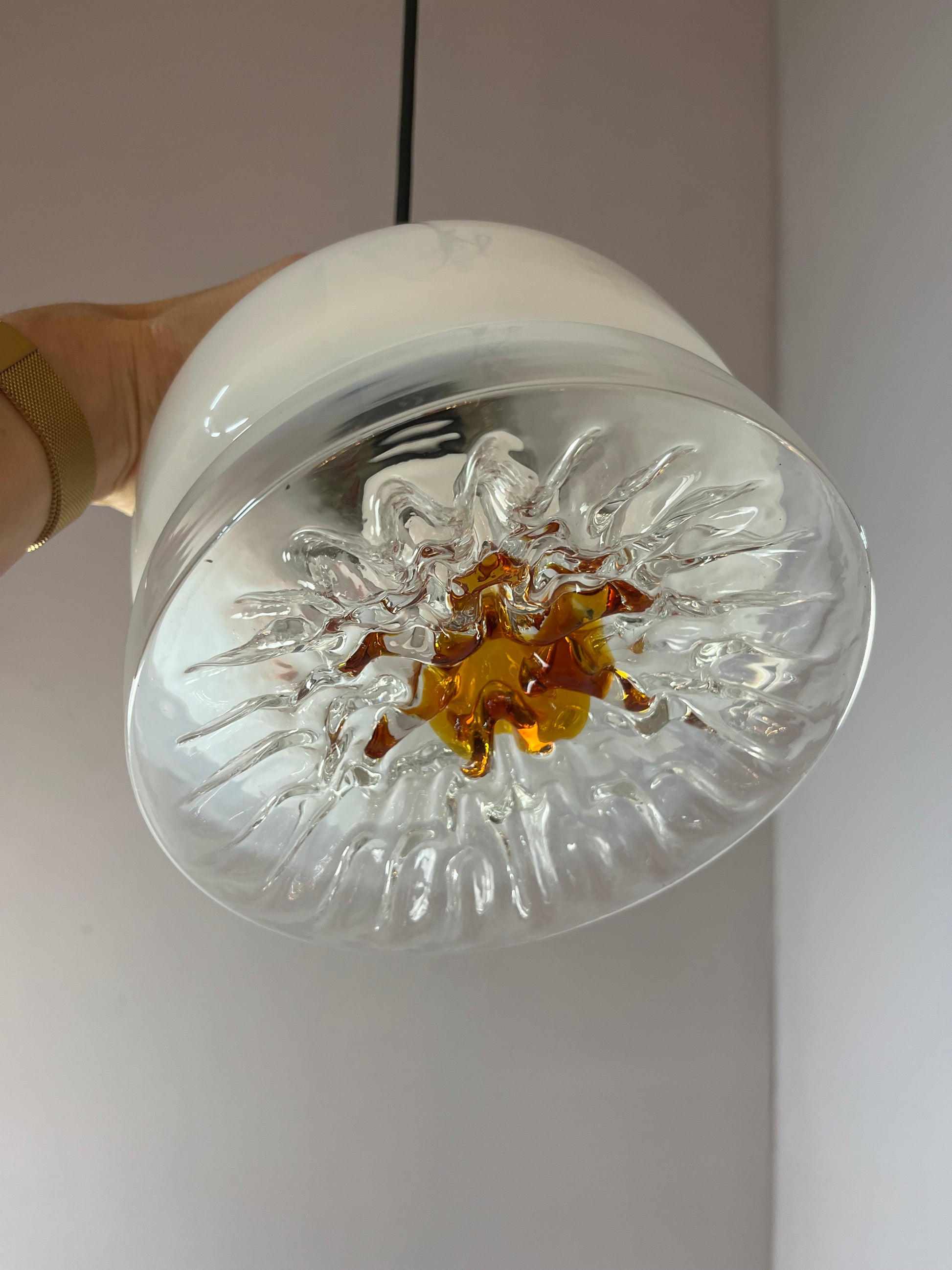 Hängelampe weiß gelb Muranoglas von Mazzega