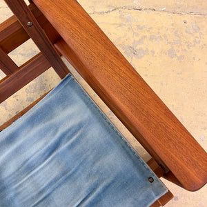 Sessel blau Samt und Teak Hochlehner