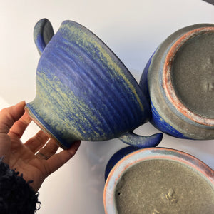 Set: Vase, Kerzenständer & Schale blau von Majolika Keramik Manufaktur