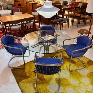 Set: 4x Freischwinger Chrom blau und runder Glastisch von Gastone Rinaldi für Alma