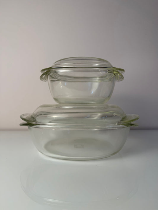 Set: 2 Auflaufformen mit Deckel von Heinrich Löffelhardt für SCHOTT & GEN Mainz - Jenaer Glas