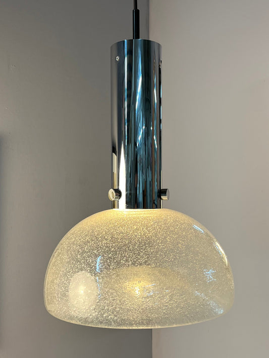 Große Hängelampe Chrom Eisglas von Herbert Proft für Glashütte Limburg