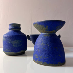 Set: Vase, Kerzenständer & Schale blau von Majolika Keramik Manufaktur