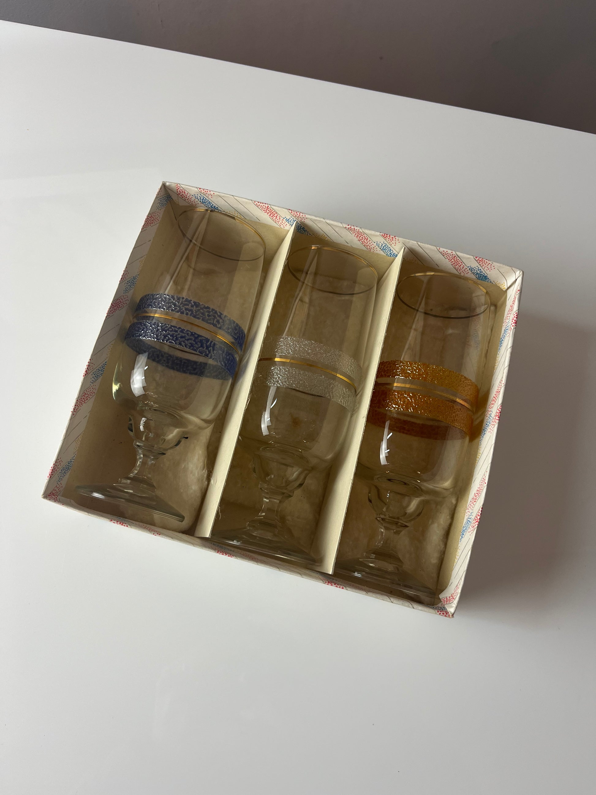 Set: 3x Sektglas blau weiß orange mit Goldrand