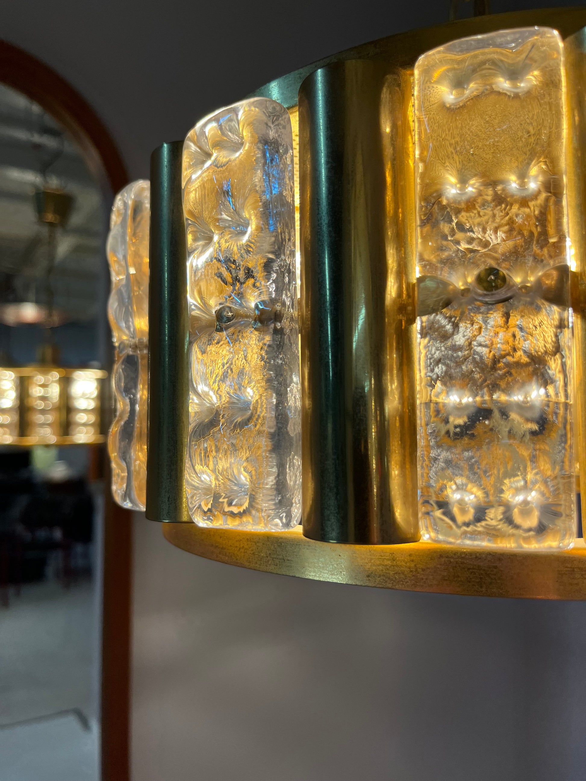 Hängelampe Messing Glas von Carl Fagerlund für Orrefors