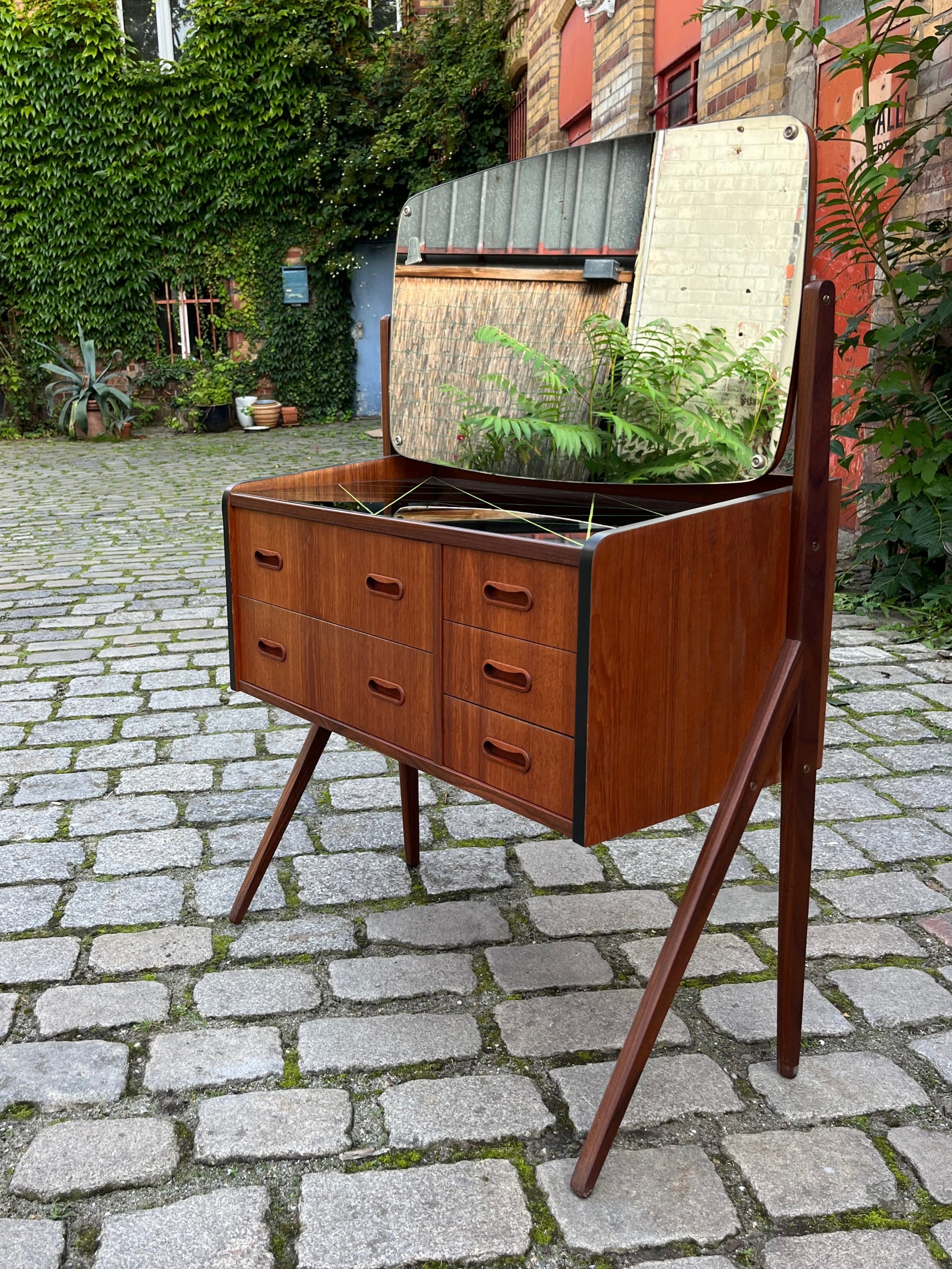Schminktisch mit gemusterter Glasplatte Teak