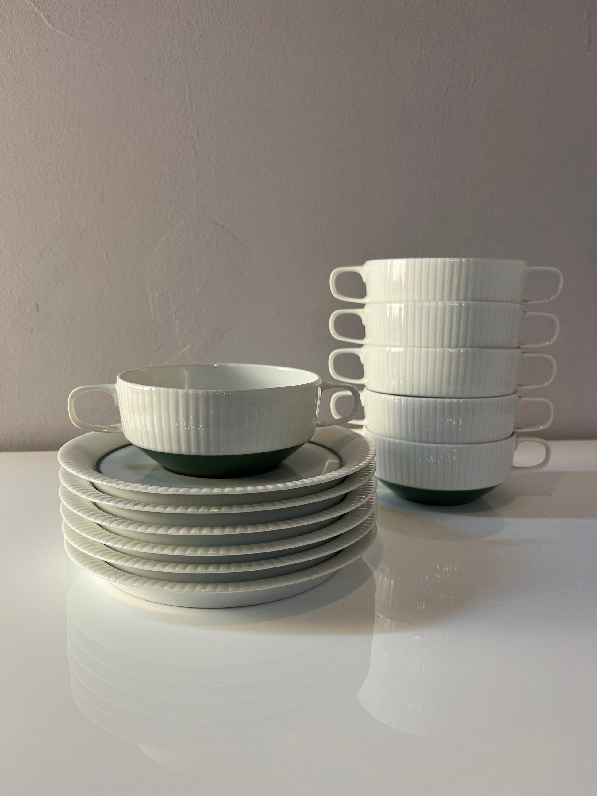 Set: 6x Suppentasse mit Untertasse Modulation Secunda grün von Tapio Wirkkala für Rosenthal