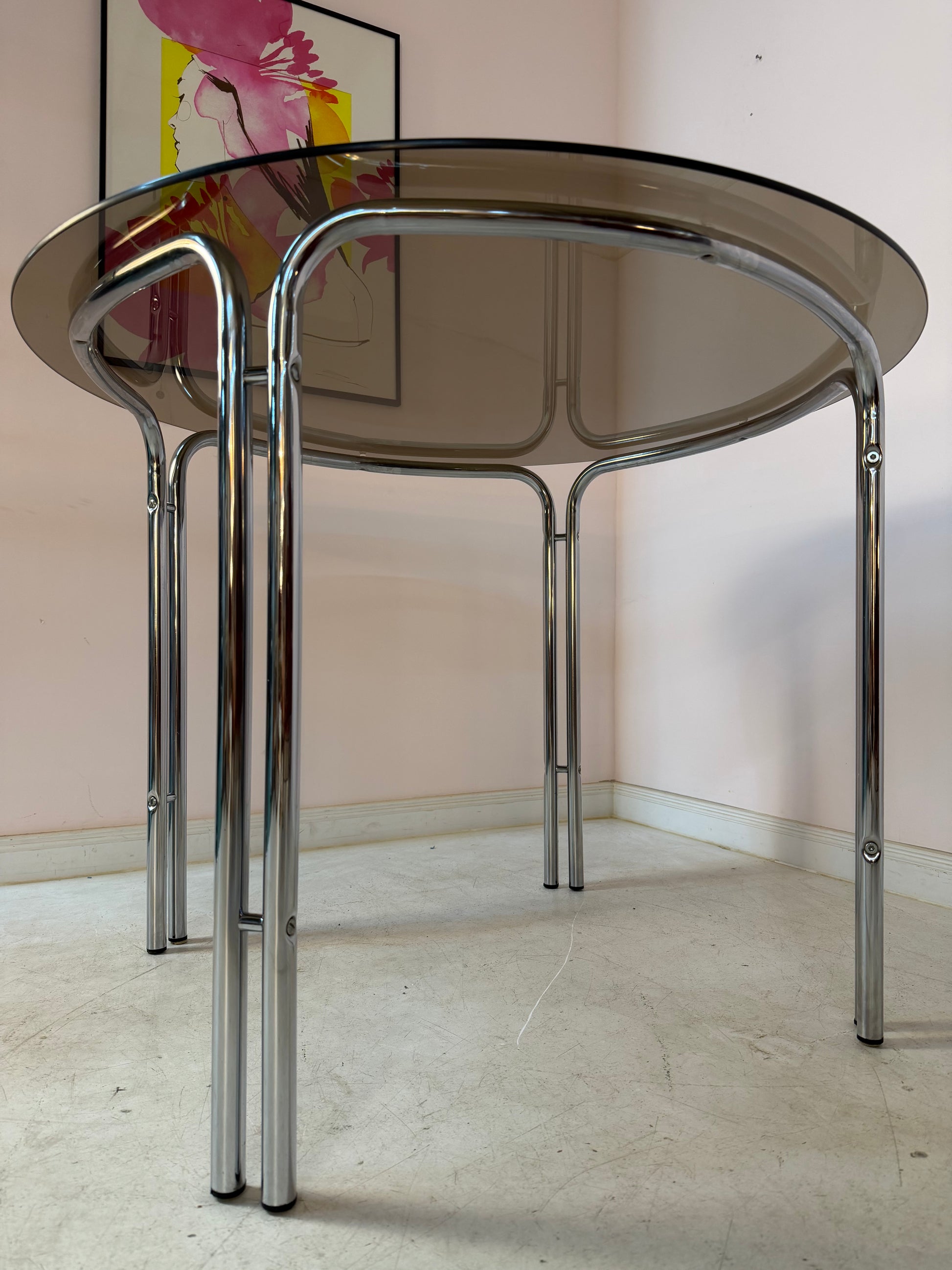 Esstisch Chrom und Rauchglas rund