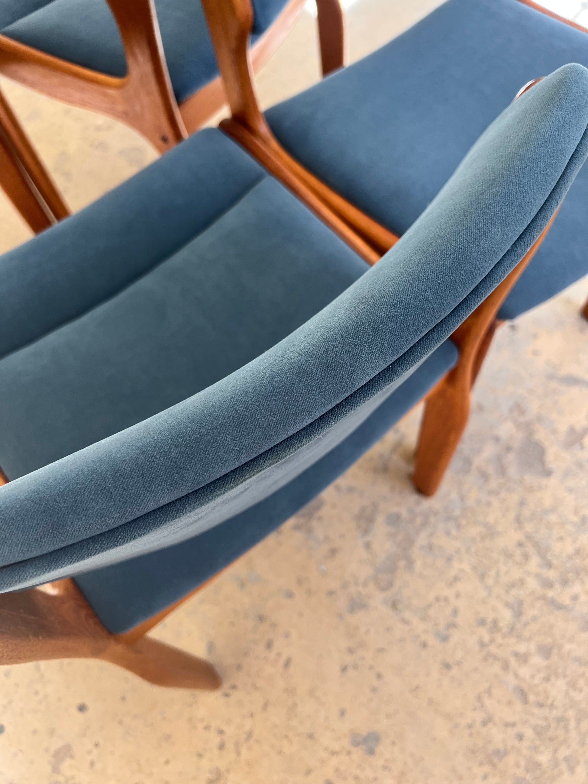 Set: 4x Polsterstuhl blau Teak von Erik Buch für O.D. Møbler