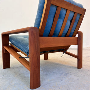 Sessel Loungechair blauer Samt und Teak