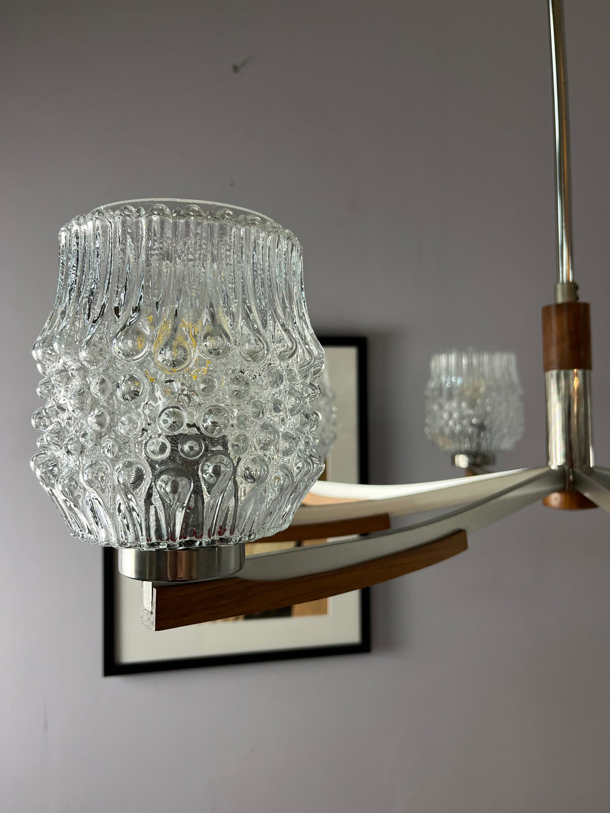 Kronleuchter Teak Metall Bubbleglas
