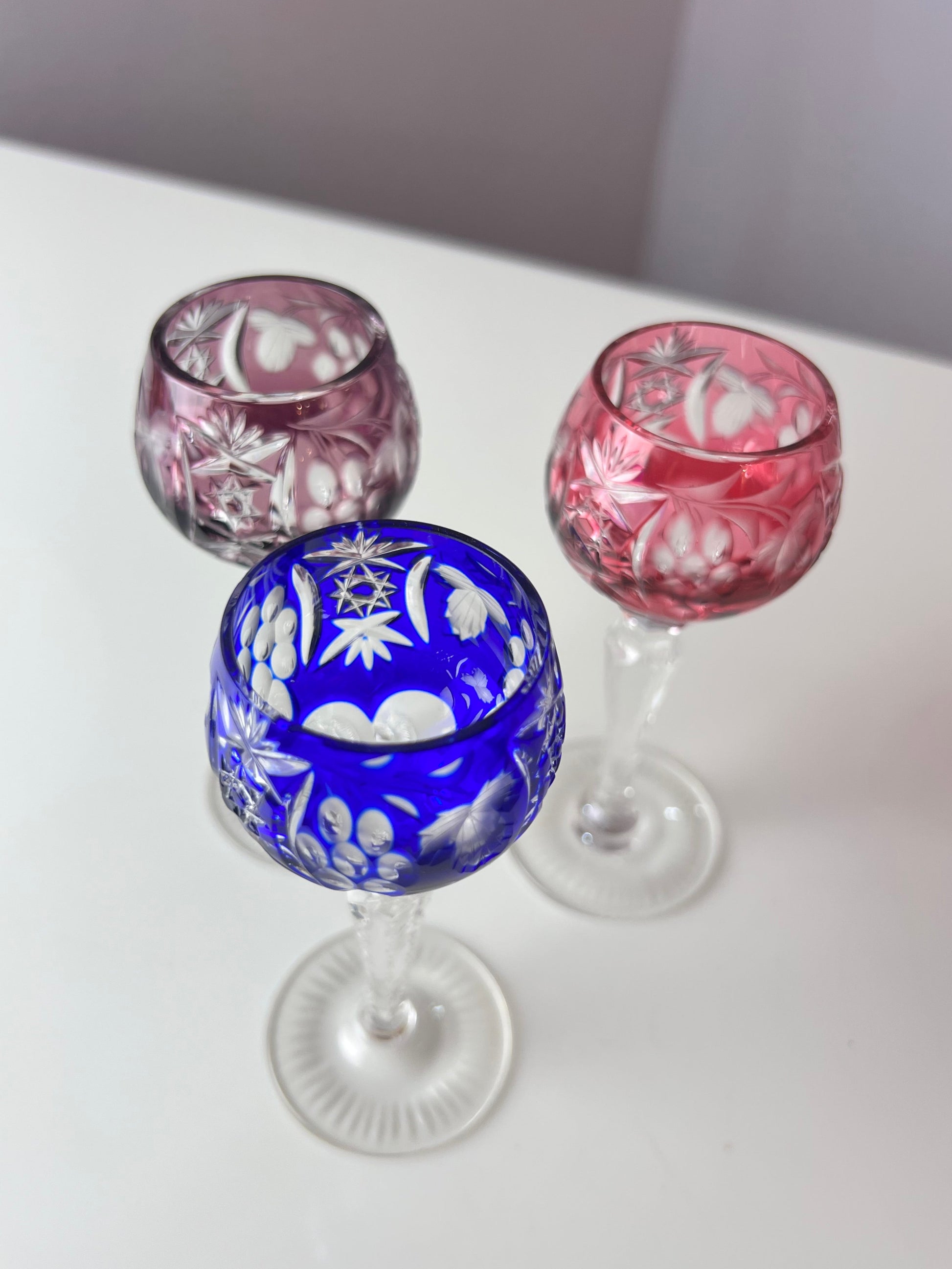 Set: 3x Römer Likörglas blau pink Kristallglas