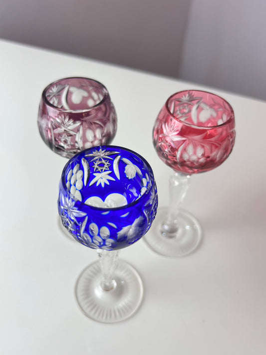 Set: 3x Römer Likörglas blau pink Kristallglas