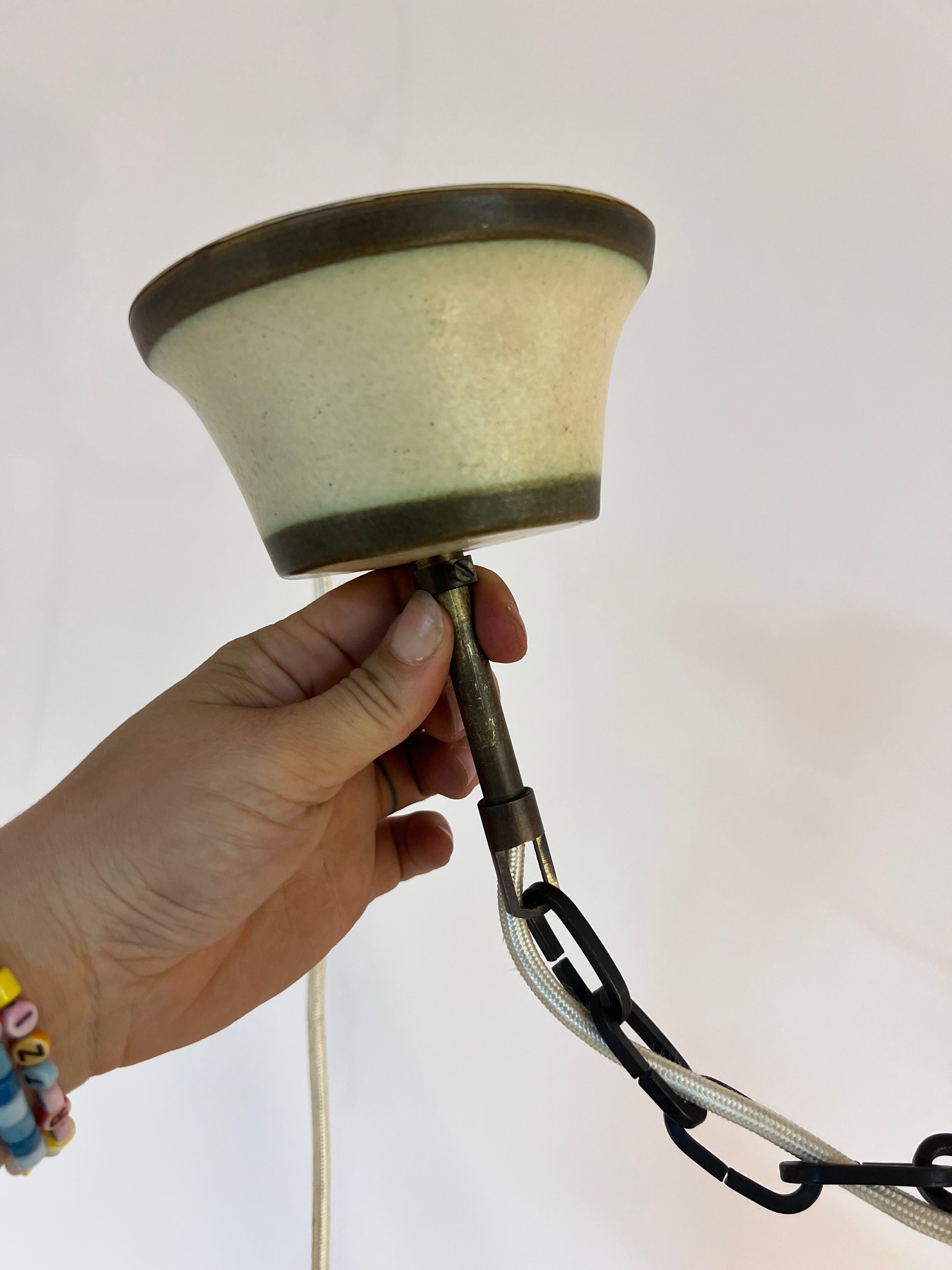 Hängelampe creme grün Keramik mit Kette & Baldachin