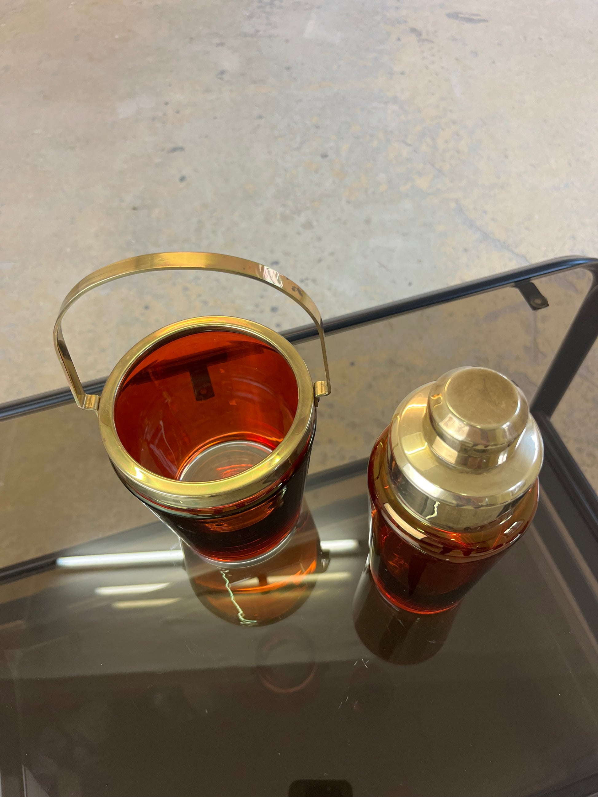 Set: Eiseimer & Cocktailshaker rot Glas Messing von Füger-Glas