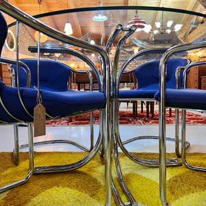 Set: 4x Freischwinger Chrom blau und runder Glastisch von Gastone Rinaldi für Alma