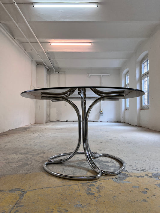Runder Esstisch Rauchglas & Chrom von Gastone Rinaldi für Rima