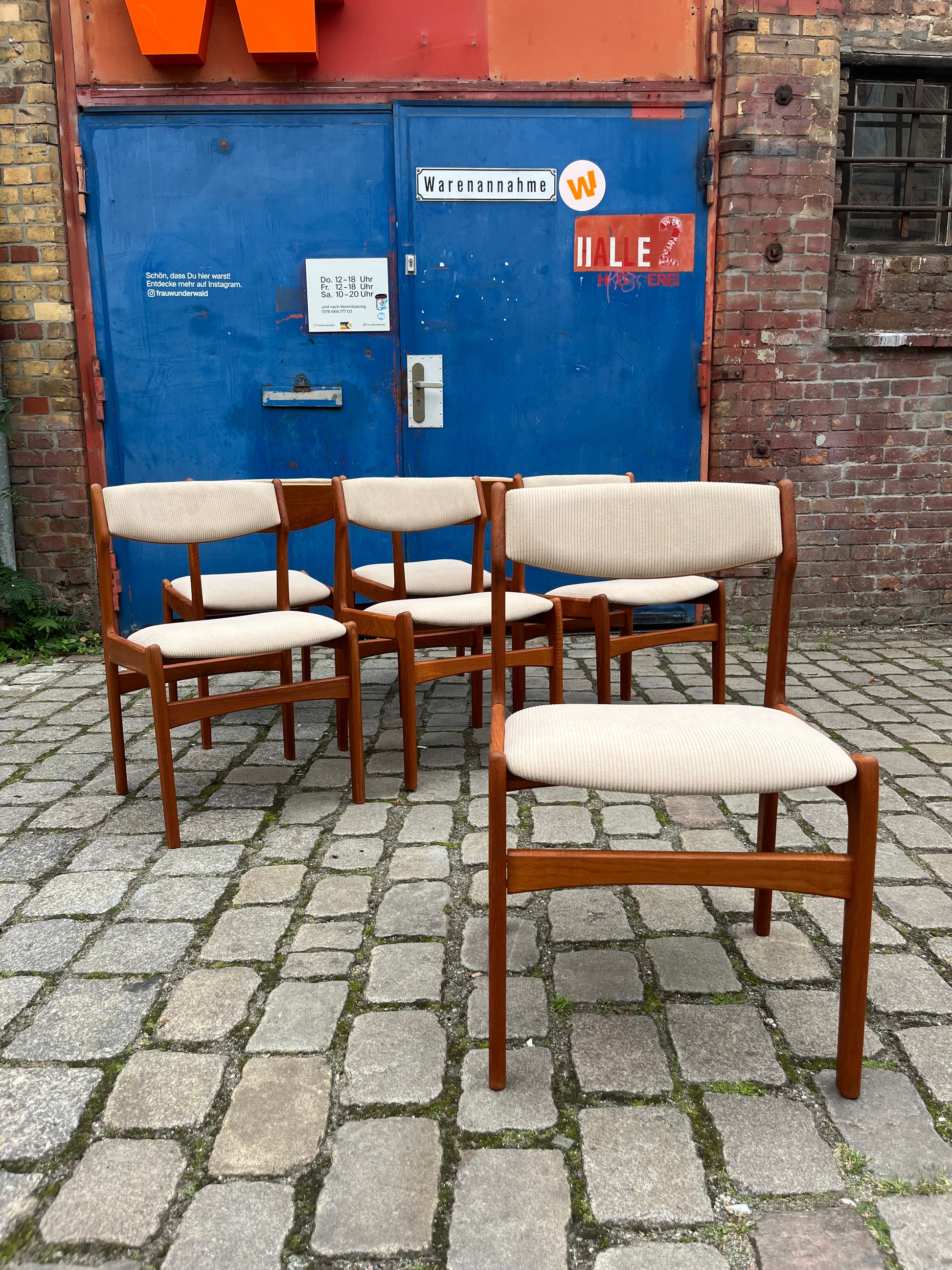 Set: 6x Polsterstuhl beige Teak Cord von Erik Buch