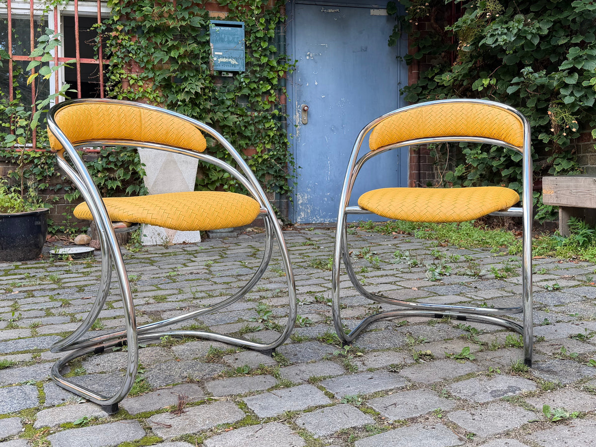 Freischwinger gelb Flechtoptik neu gepolster Leder Chrom