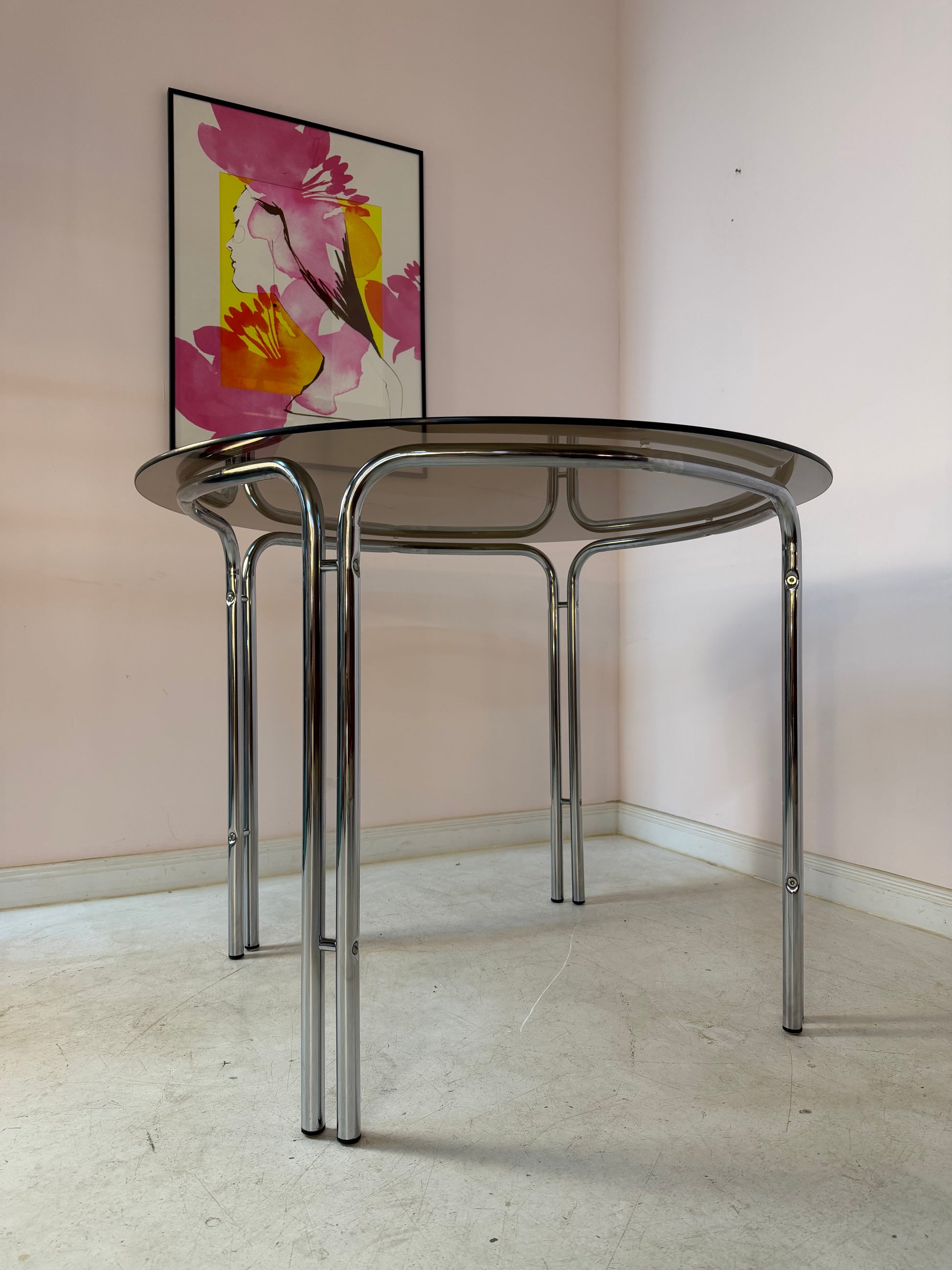 Esstisch Chrom und Rauchglas rund