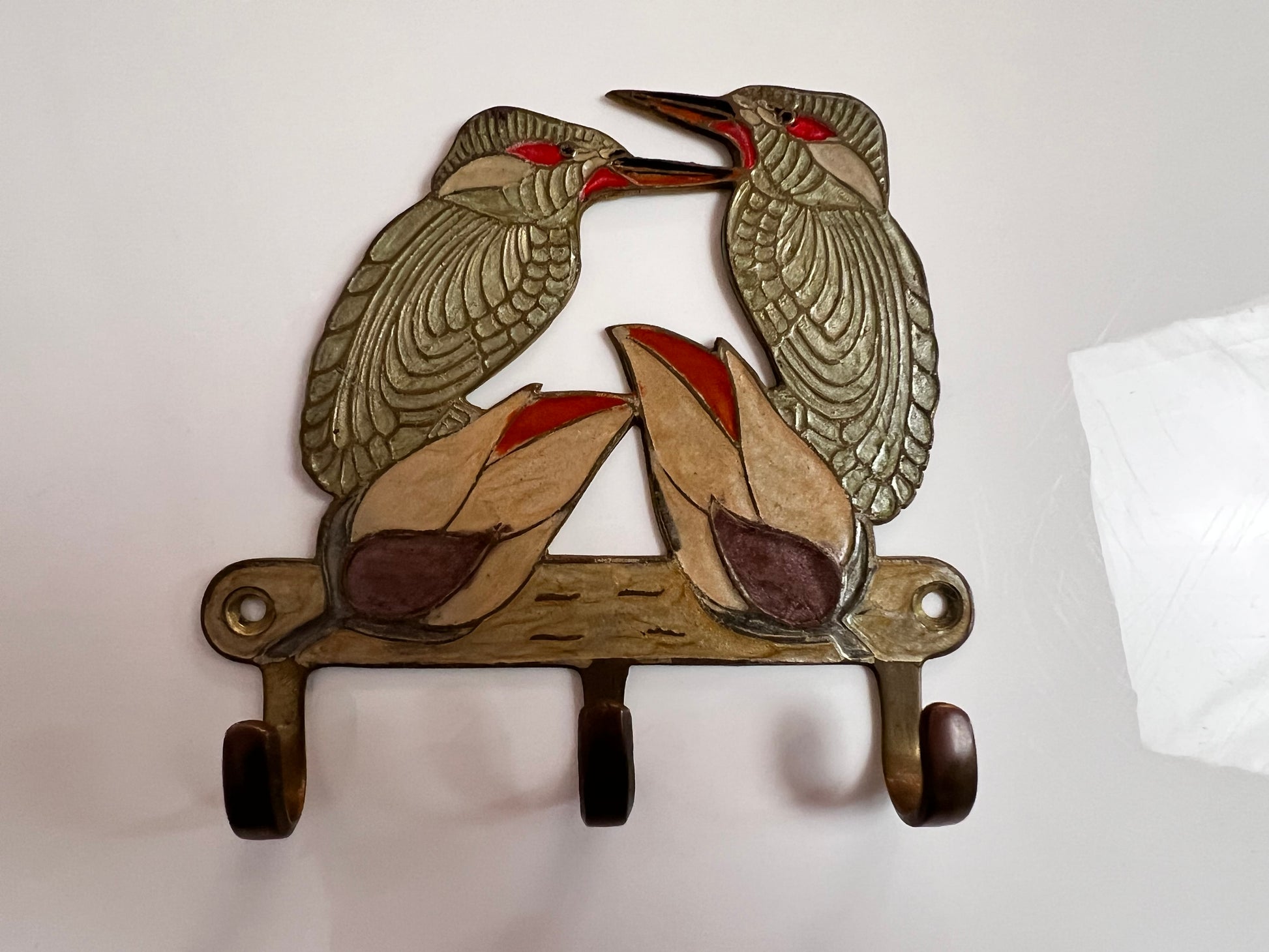 Handbemalte Messing Garderobe Eisvögel 50er Jahre